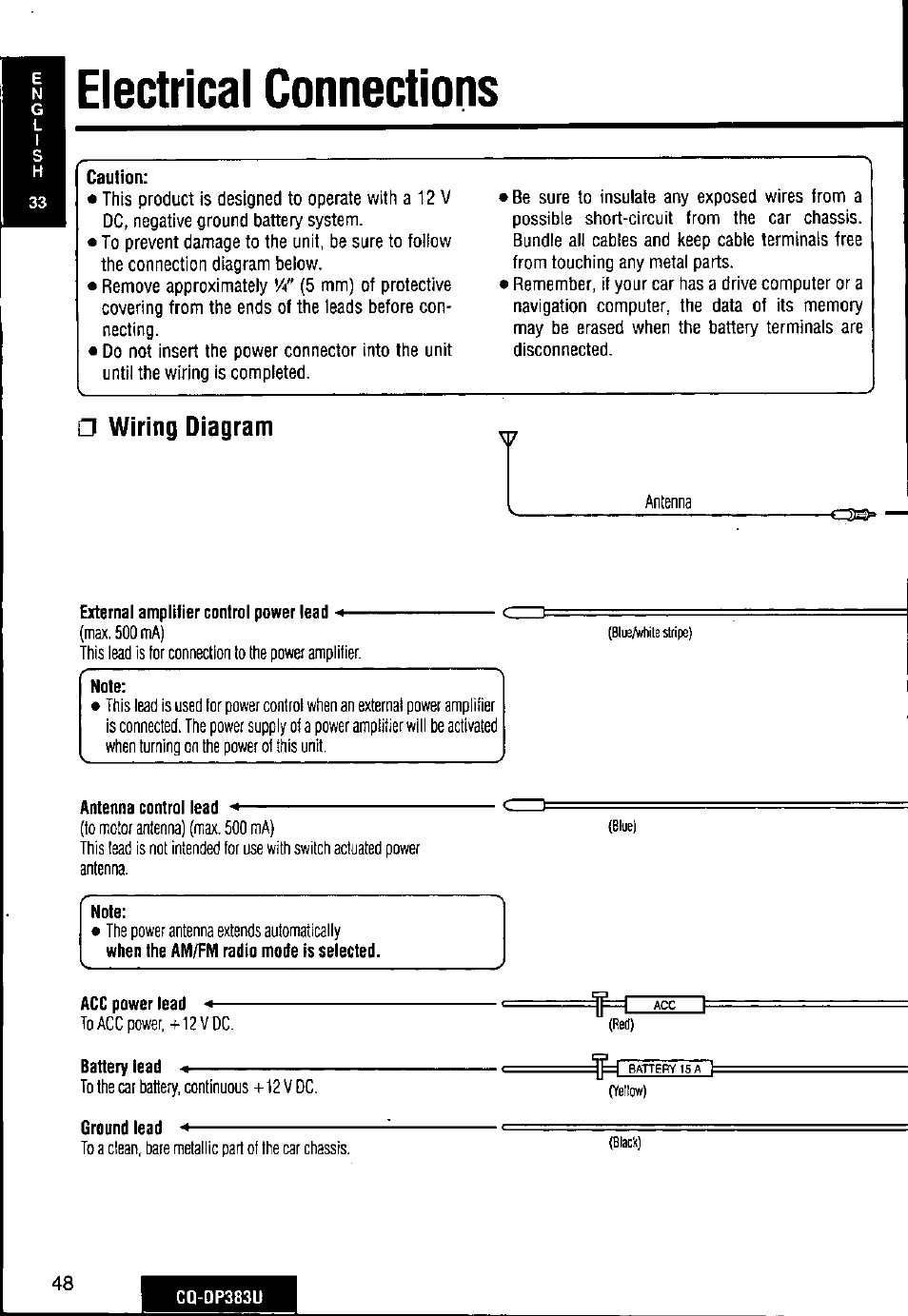 Electrical connections, Wiring diagram, External amplifier control power lead | Note, Antenna control lead, Acc power lead, Battery lead, Ground lead | Panasonic Removable Front Panel MP3 WMA CD Player/Receiver with CD Changer Control CQ-DP383U User Manual | Page 48 / 124