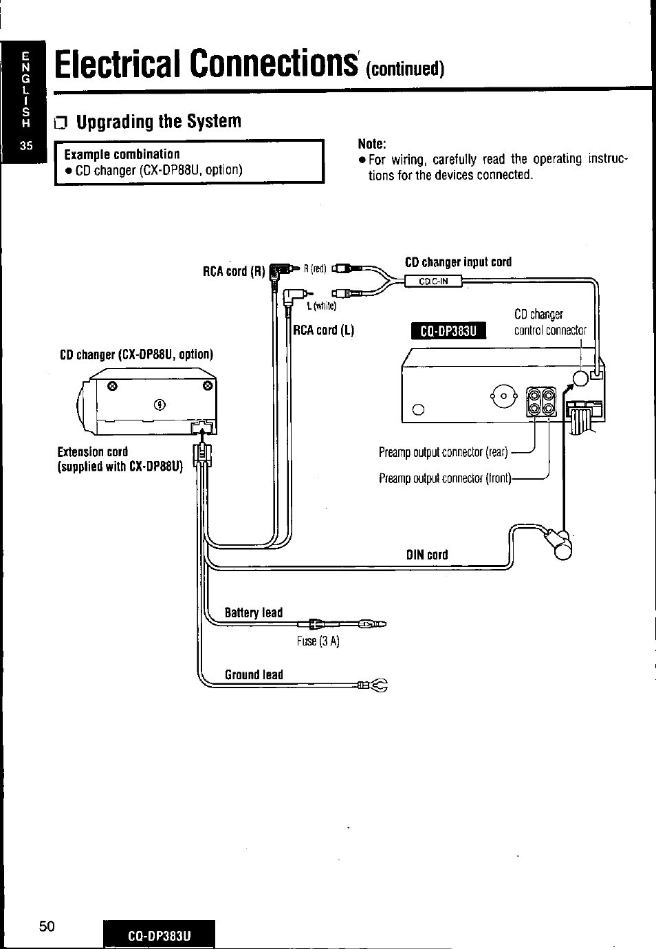 Electrical connections, Upgrading the system | Panasonic Removable Front Panel MP3 WMA CD Player/Receiver with CD Changer Control CQ-DP383U User Manual | Page 50 / 124