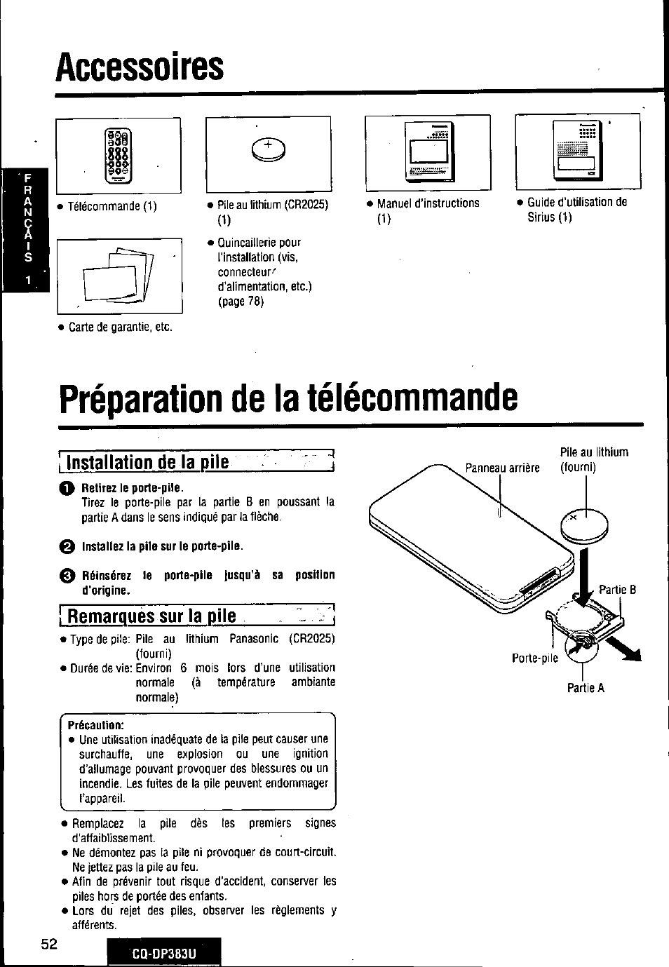 Accessoires, Préparation de la télécommande, Installation de la pile | Remarques sur la pile 1, D accessoires | Panasonic Removable Front Panel MP3 WMA CD Player/Receiver with CD Changer Control CQ-DP383U User Manual | Page 52 / 124