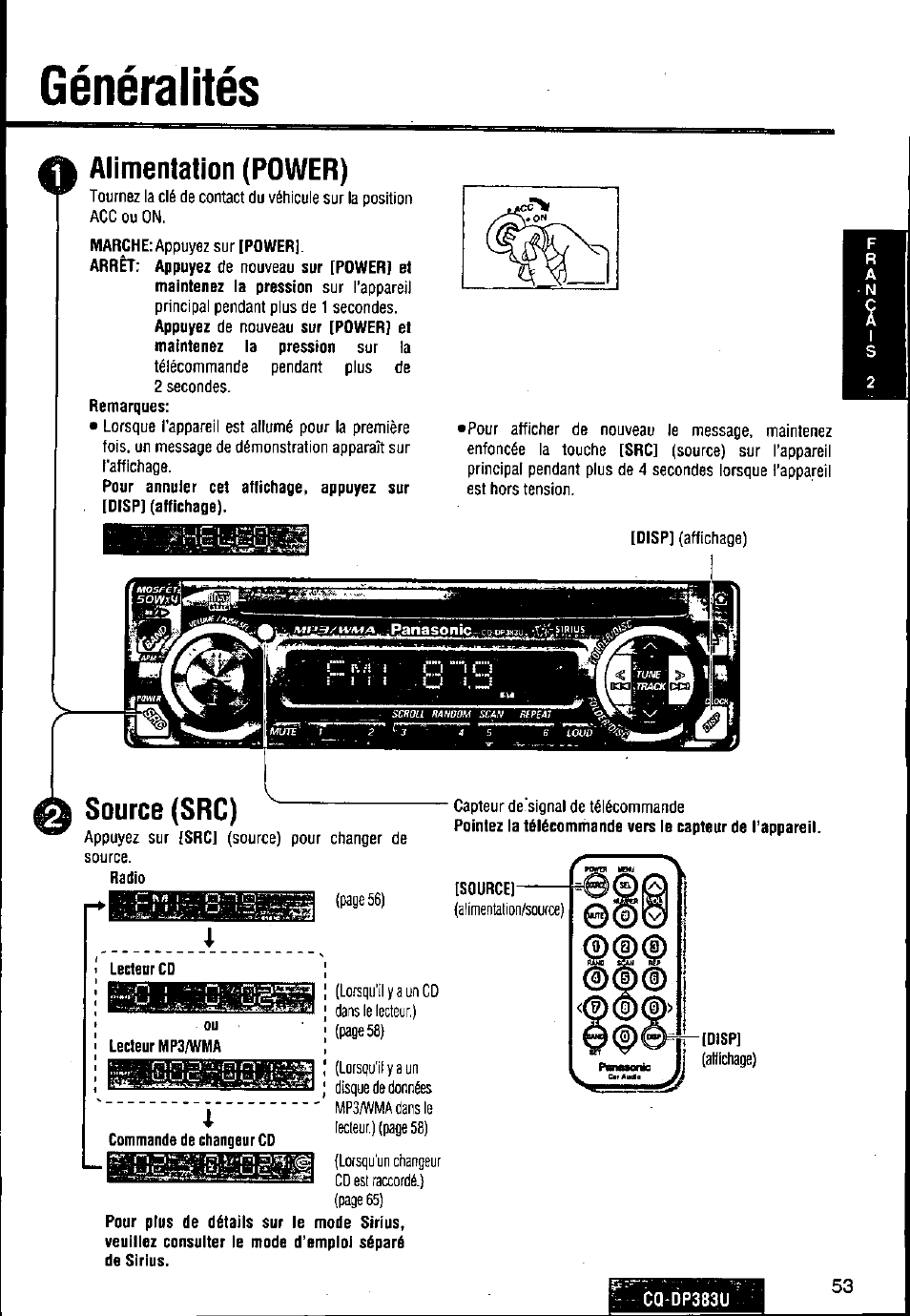 Généralités, Généralités o, Alimentation (power) | A source (src) | Panasonic Removable Front Panel MP3 WMA CD Player/Receiver with CD Changer Control CQ-DP383U User Manual | Page 53 / 124