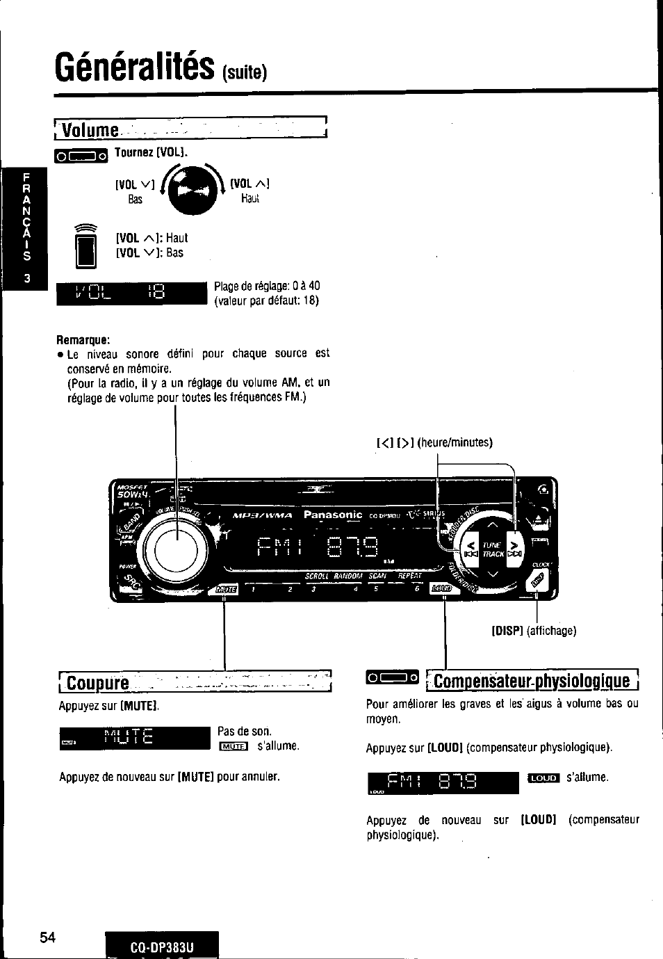 Généralités, Suite), Volume | Icoupuré, 3 r compensateur physiologique | Panasonic Removable Front Panel MP3 WMA CD Player/Receiver with CD Changer Control CQ-DP383U User Manual | Page 54 / 124