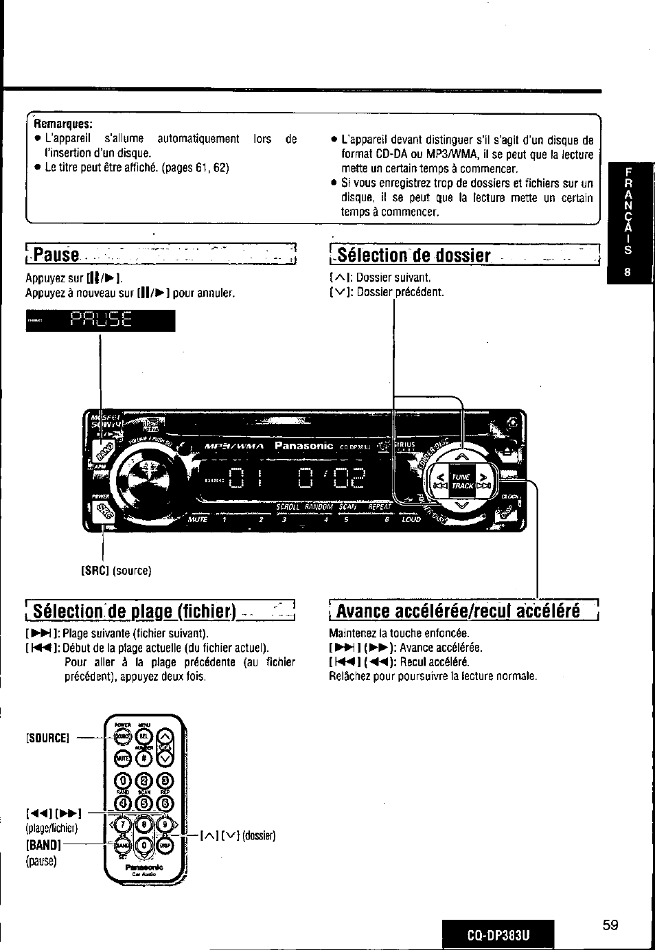 Sélection de dossier, 1 sélection de plage (fichier), Avanceaccélérée/i^ul accéléré | Pause sélection de dossier, Sélection de plage (fichier) | Panasonic Removable Front Panel MP3 WMA CD Player/Receiver with CD Changer Control CQ-DP383U User Manual | Page 59 / 124