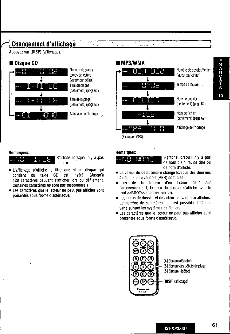 Changement d’affichage, Disque cd | Panasonic Removable Front Panel MP3 WMA CD Player/Receiver with CD Changer Control CQ-DP383U User Manual | Page 61 / 124