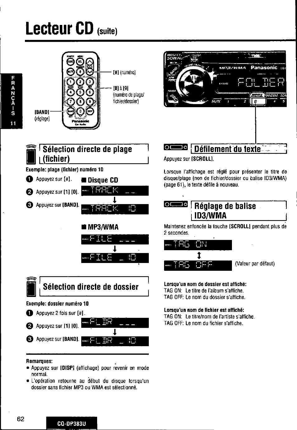Mp3/wivia, Lecteur cd | Panasonic Removable Front Panel MP3 WMA CD Player/Receiver with CD Changer Control CQ-DP383U User Manual | Page 62 / 124