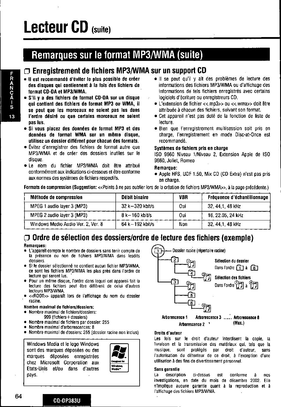 Lecteur cd, Remarques sur le format ivip3/wivia (suite), Suite) | Panasonic Removable Front Panel MP3 WMA CD Player/Receiver with CD Changer Control CQ-DP383U User Manual | Page 64 / 124