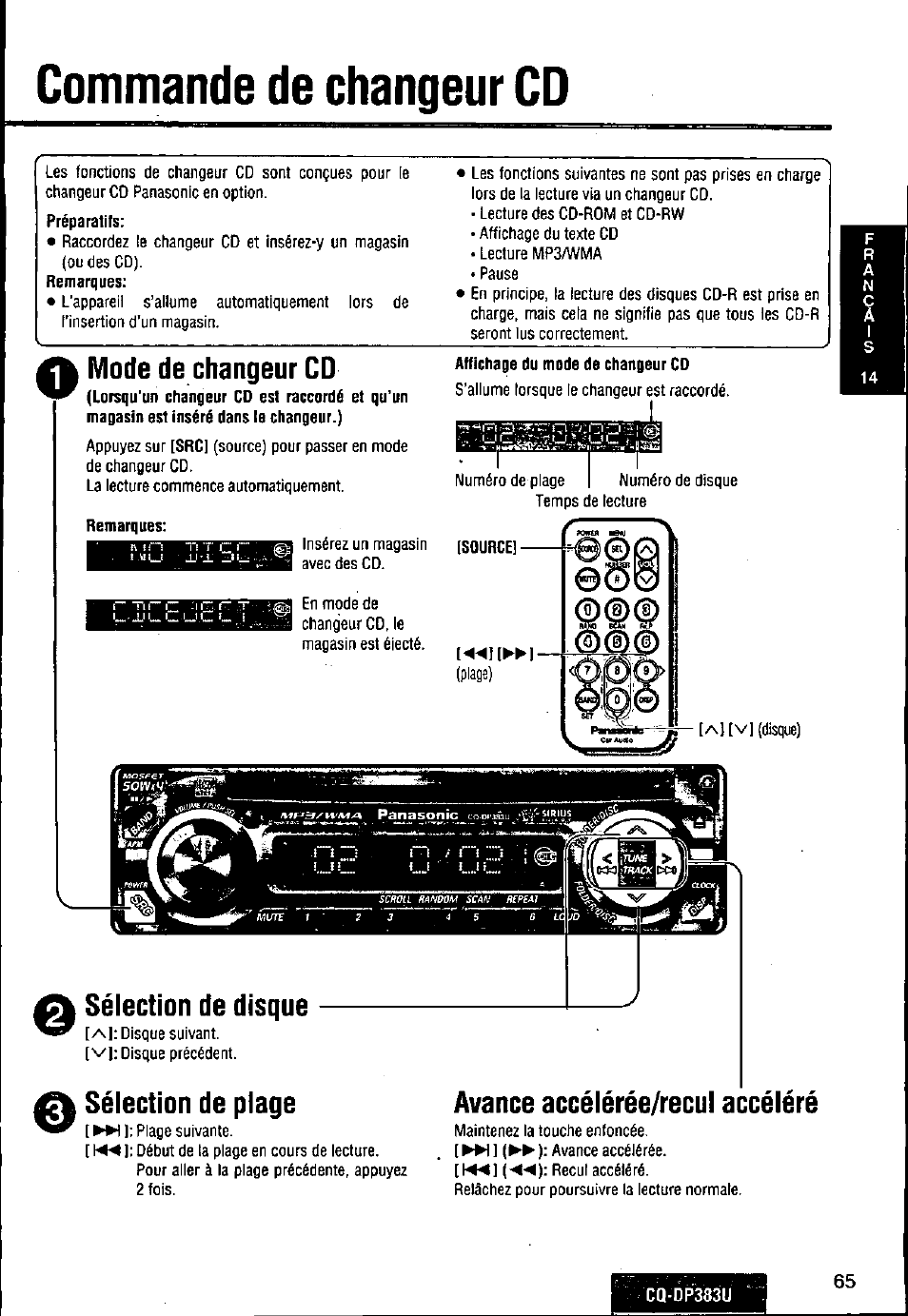 Commande de changeur cd, Mode de changeur cd, Sélection de disque | Sélection de plage, Avance accélérée/recul accéléré | Panasonic Removable Front Panel MP3 WMA CD Player/Receiver with CD Changer Control CQ-DP383U User Manual | Page 65 / 124