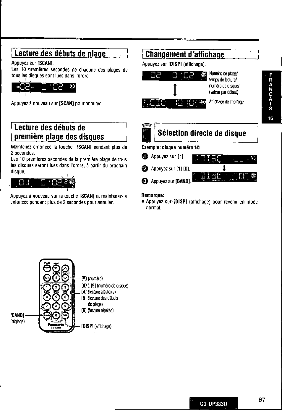 Lecture des débuts de i première plage des disques, Il i sélection directe de disque | Panasonic Removable Front Panel MP3 WMA CD Player/Receiver with CD Changer Control CQ-DP383U User Manual | Page 67 / 124