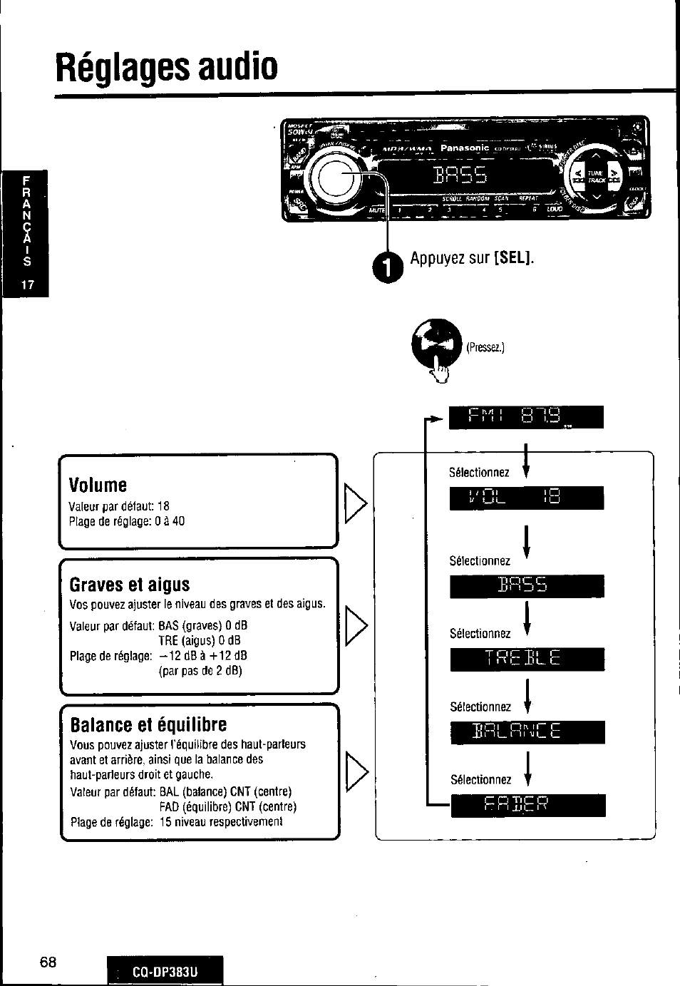 Réglages audio, Graves et aigus, Balance et équilibre | Panasonic Removable Front Panel MP3 WMA CD Player/Receiver with CD Changer Control CQ-DP383U User Manual | Page 68 / 124