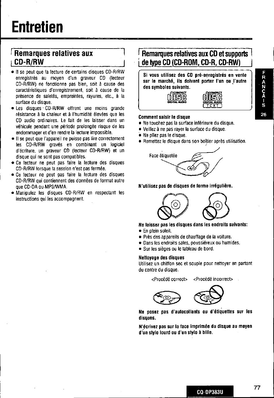 Entretien, A entretien, D§(§ foiflgfb | Panasonic Removable Front Panel MP3 WMA CD Player/Receiver with CD Changer Control CQ-DP383U User Manual | Page 77 / 124