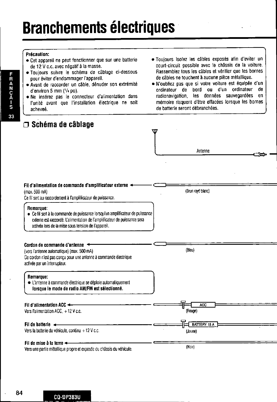 Branchements électriques, Schéma de câblage | Panasonic Removable Front Panel MP3 WMA CD Player/Receiver with CD Changer Control CQ-DP383U User Manual | Page 84 / 124