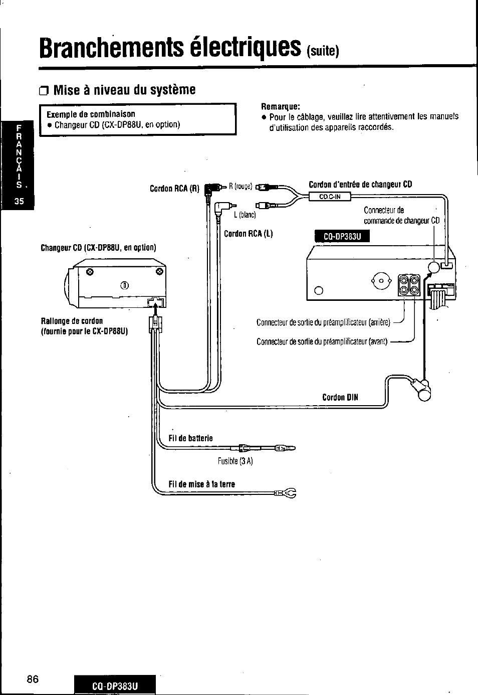 Branchements électriques (suite), D mise à niveau du système, Branchements électriques | Panasonic Removable Front Panel MP3 WMA CD Player/Receiver with CD Changer Control CQ-DP383U User Manual | Page 86 / 124