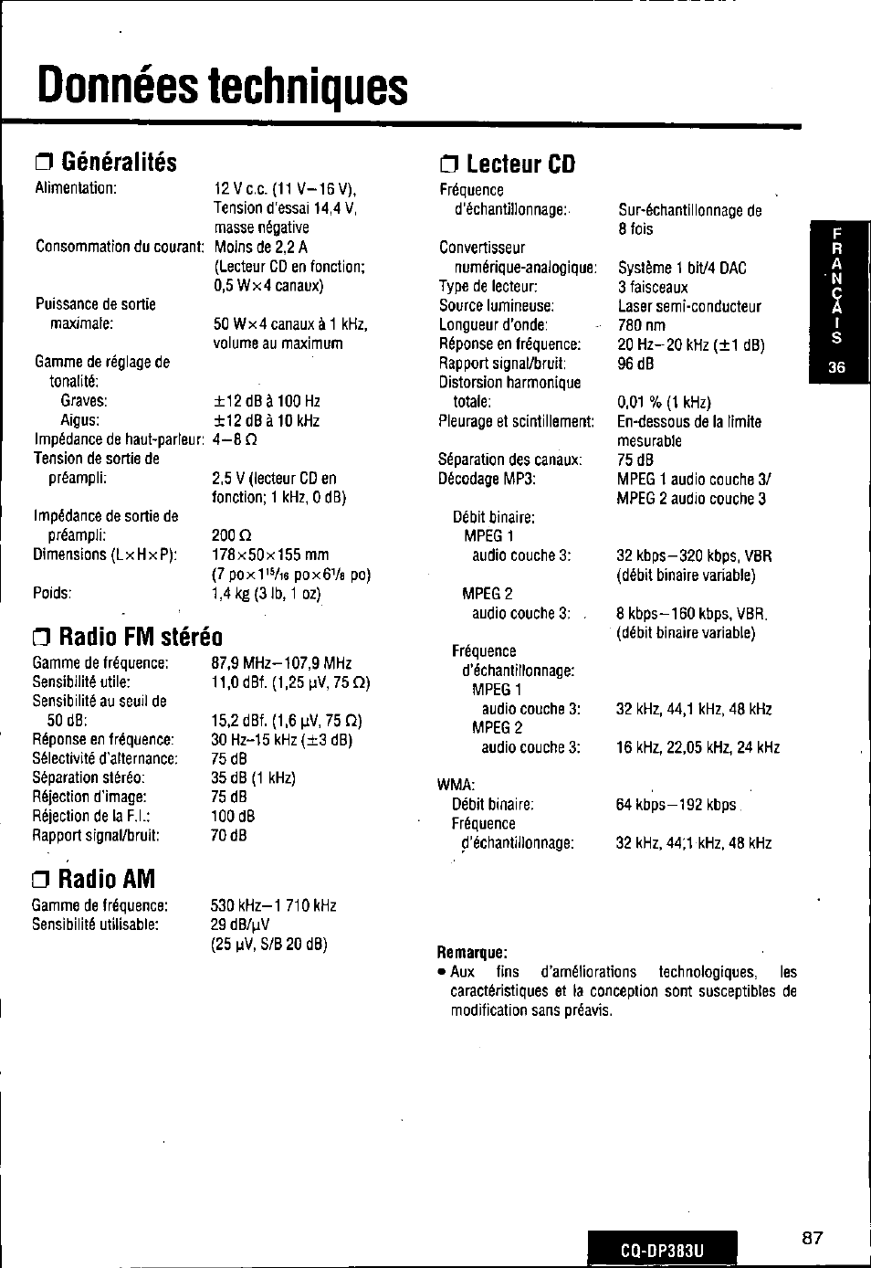 Données techniques, Généralités, G lecteur cd | G radio fm stéréo, Radio am | Panasonic Removable Front Panel MP3 WMA CD Player/Receiver with CD Changer Control CQ-DP383U User Manual | Page 87 / 124