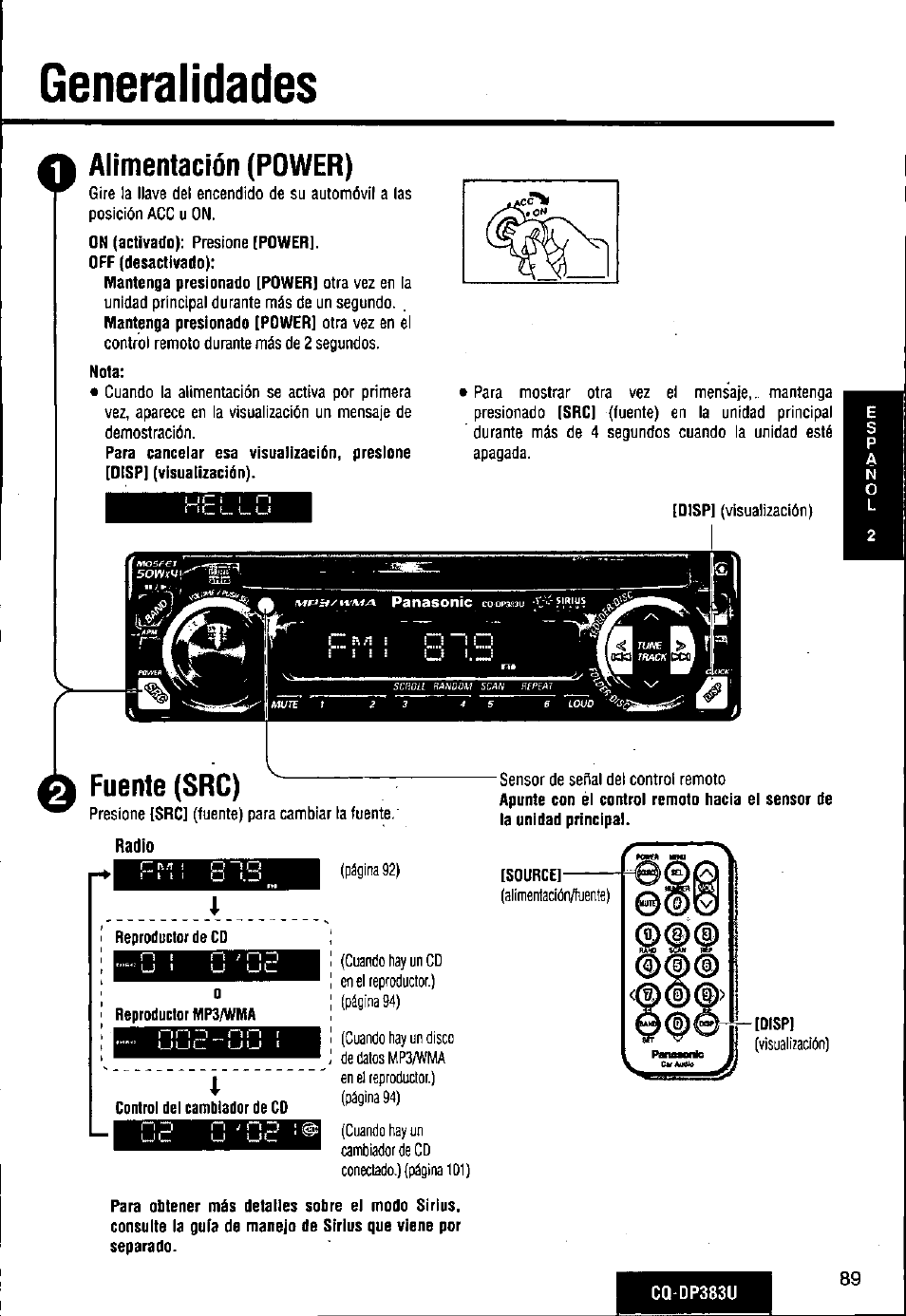 Generalidades, O generalidades, Alimentación (power) | Fuente (src) | Panasonic Removable Front Panel MP3 WMA CD Player/Receiver with CD Changer Control CQ-DP383U User Manual | Page 89 / 124