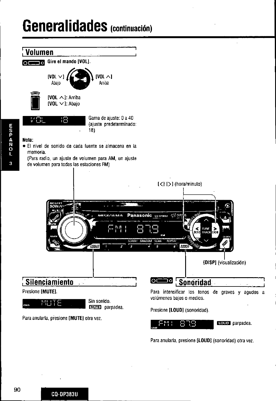 Volumen, Silenciamiento, Generalidades | Continuación) | Panasonic Removable Front Panel MP3 WMA CD Player/Receiver with CD Changer Control CQ-DP383U User Manual | Page 90 / 124