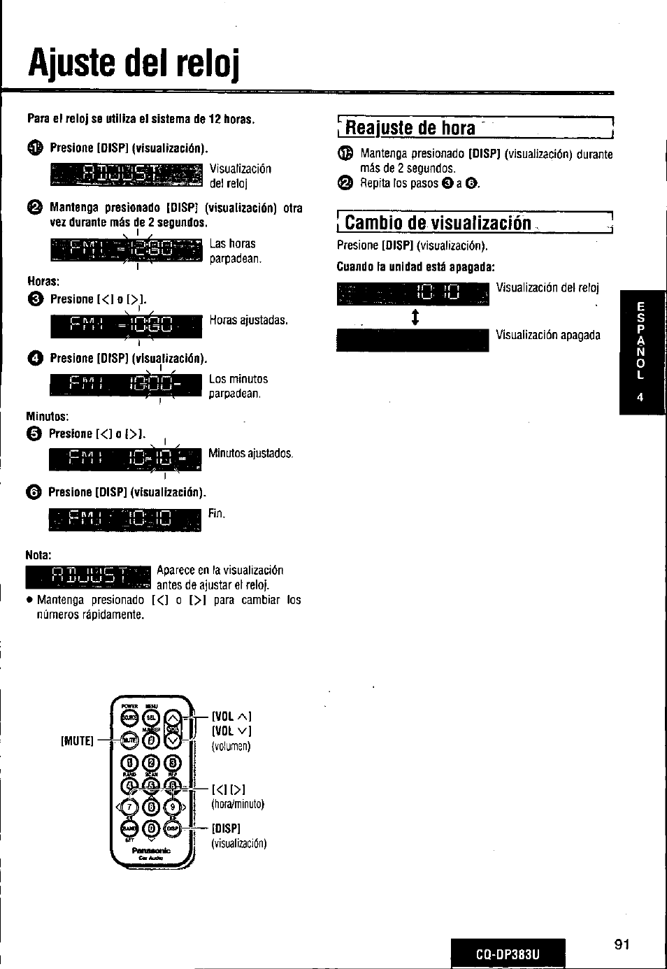 Ajuste del reloj, Reajuste de hora, I cambio de visualización | Panasonic Removable Front Panel MP3 WMA CD Player/Receiver with CD Changer Control CQ-DP383U User Manual | Page 91 / 124