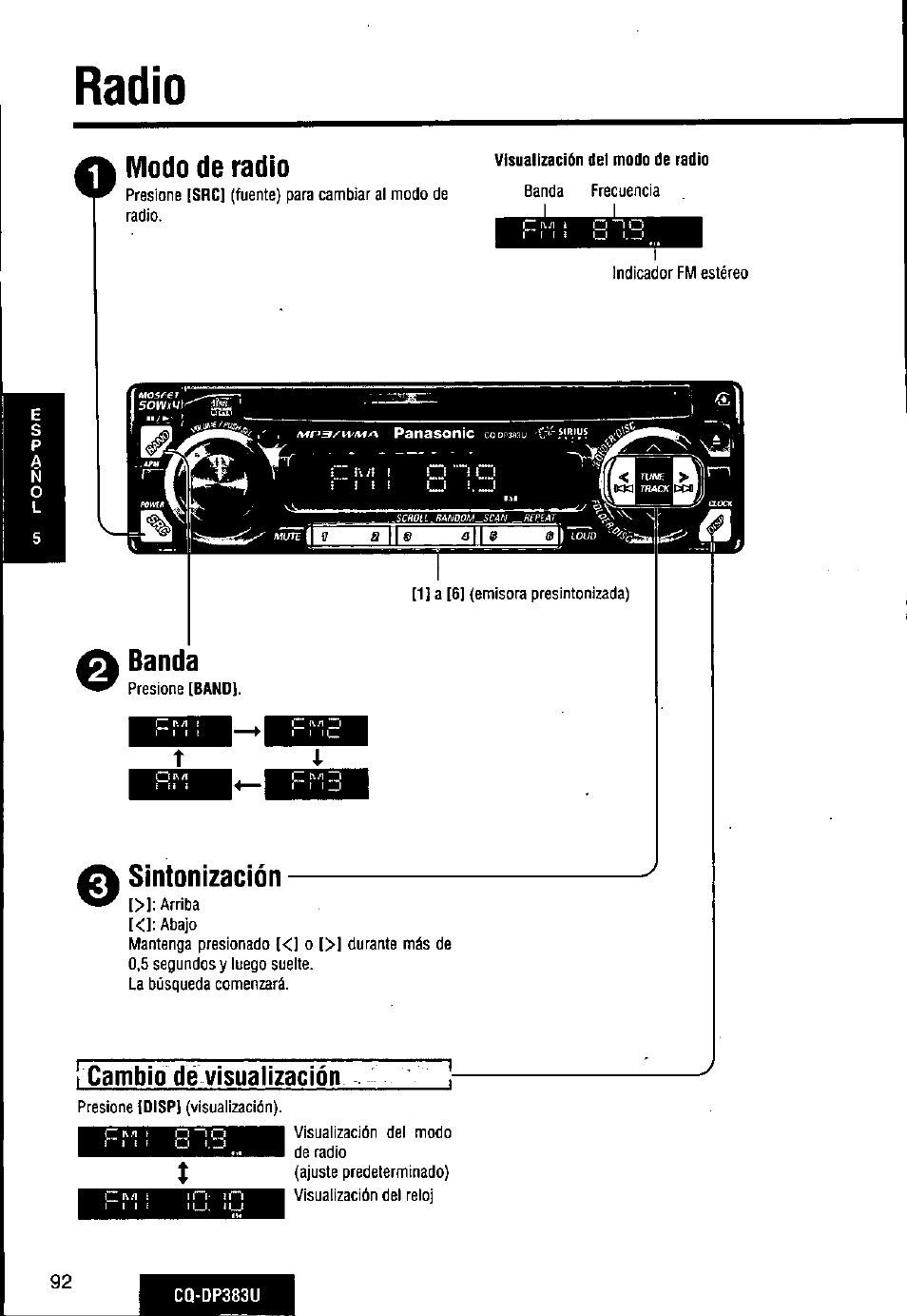 Radio, Cambio dé visualízaciórt, Modo de radio | Banda, Sintonización | Panasonic Removable Front Panel MP3 WMA CD Player/Receiver with CD Changer Control CQ-DP383U User Manual | Page 92 / 124