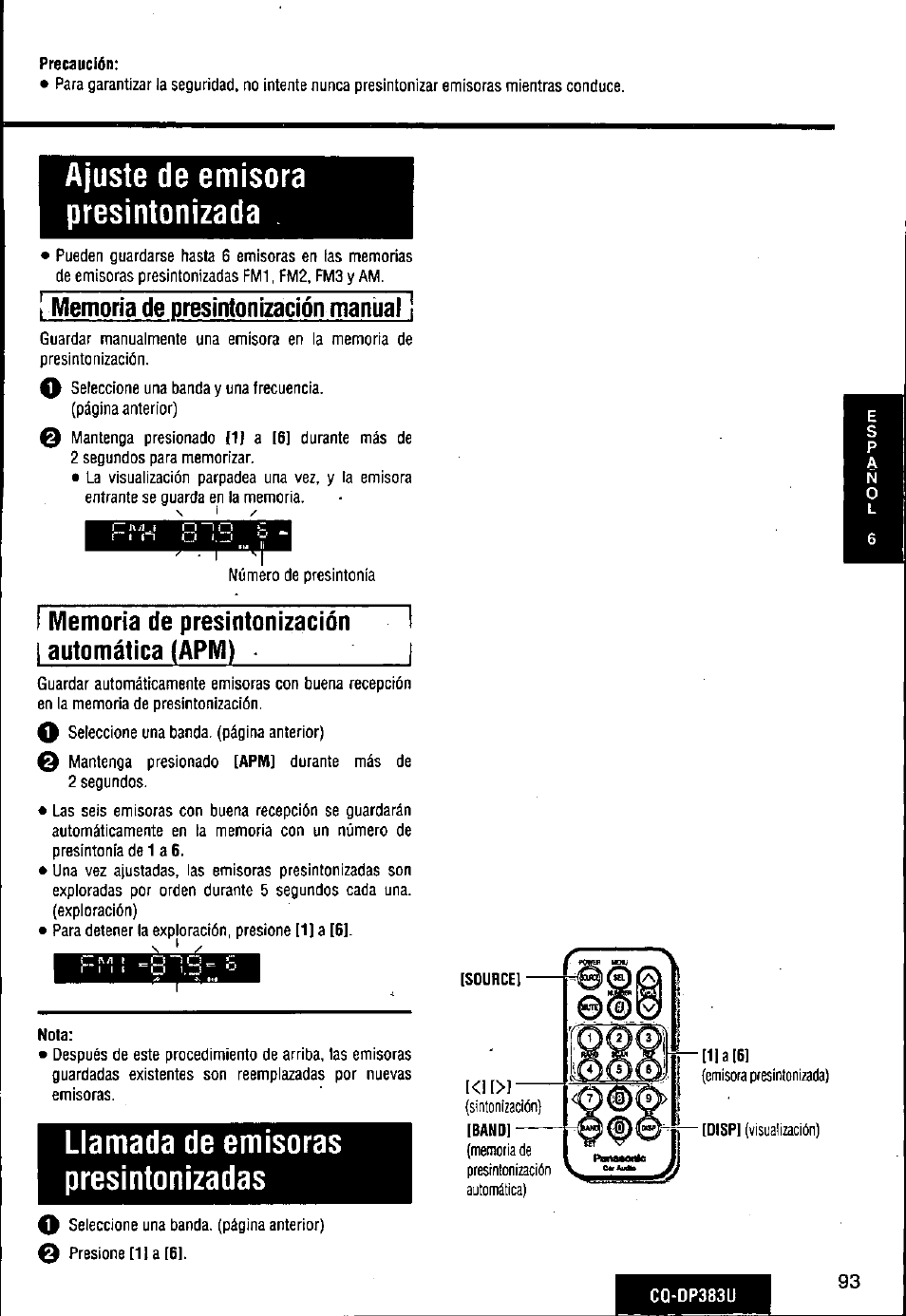 Ajuste de emisora presintonizada, Llamada de emisoras presintonizadas | Panasonic Removable Front Panel MP3 WMA CD Player/Receiver with CD Changer Control CQ-DP383U User Manual | Page 93 / 124