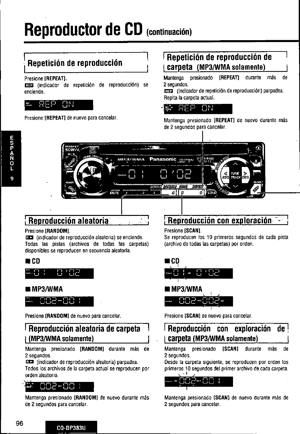Reproductor de cd, Continuación) | Panasonic Removable Front Panel MP3 WMA CD Player/Receiver with CD Changer Control CQ-DP383U User Manual | Page 96 / 124