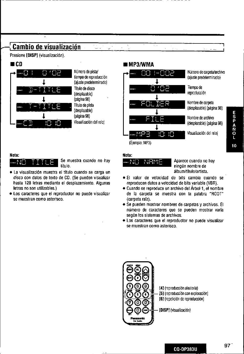 Cambio de visualizacìón, Imp3/wma | Panasonic Removable Front Panel MP3 WMA CD Player/Receiver with CD Changer Control CQ-DP383U User Manual | Page 97 / 124