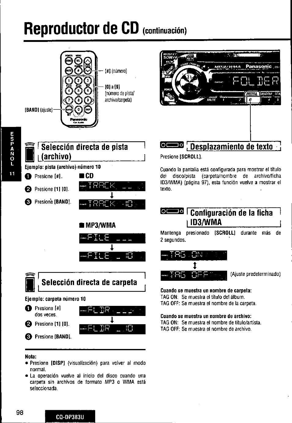 Selección directa de pista (archivo), Ivip3/wma, Roespiazamientode texto | B i configuración de ia ficha iíd3/wma, H ^ seiección directa de carpeta, Reproductor de cd, Icd ivip3/wma | Panasonic Removable Front Panel MP3 WMA CD Player/Receiver with CD Changer Control CQ-DP383U User Manual | Page 98 / 124