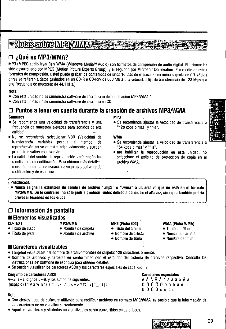 A ¿qué es mp3/wma, Información de pantalla, Elementos visualizados | H caracteres visualízables, Información de pantalla ■ elementos visualizados | Panasonic Removable Front Panel MP3 WMA CD Player/Receiver with CD Changer Control CQ-DP383U User Manual | Page 99 / 124