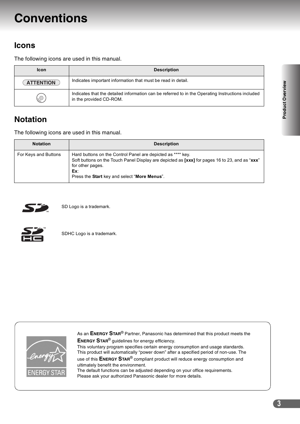 Conventions, Icons, Notation | Panasonic DP-C266 User Manual | Page 3 / 40
