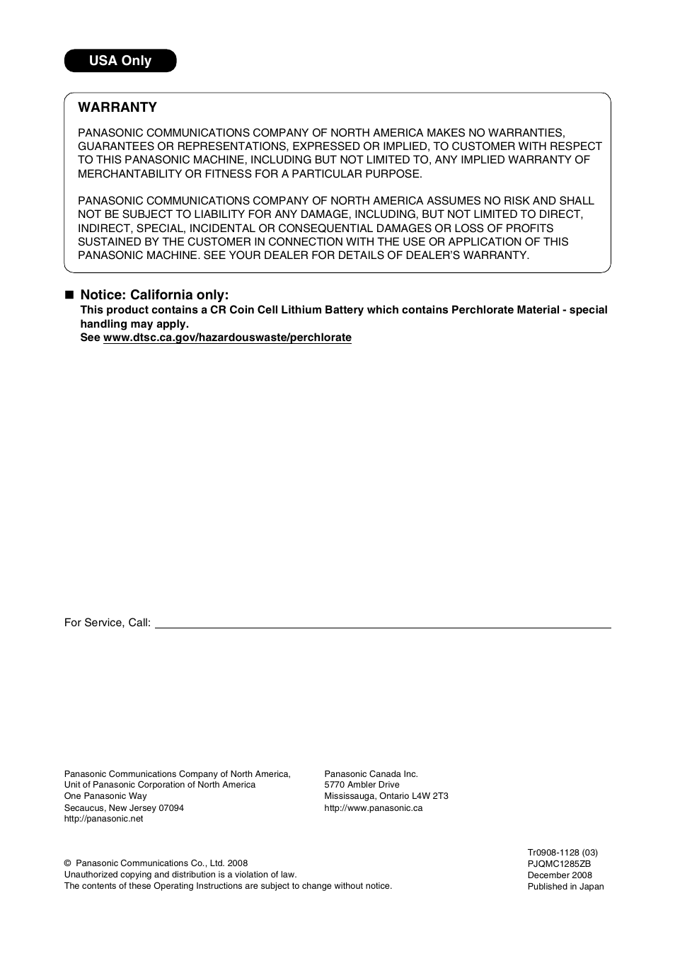 Warranty, Notice: california only, Usa only | Panasonic DP-C266 User Manual | Page 40 / 40