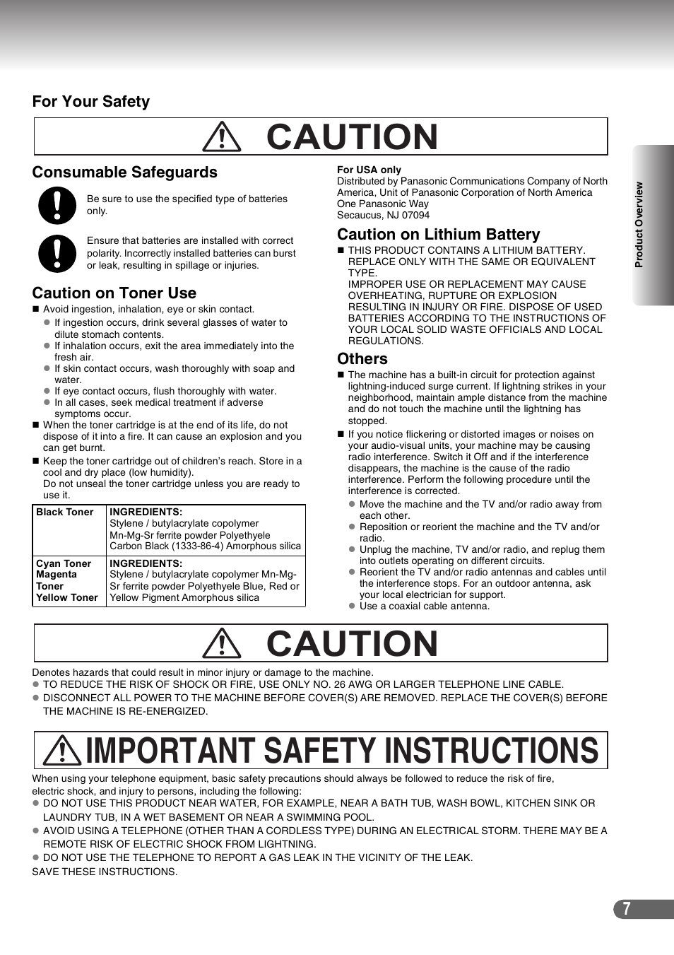 Caution, Caution important safety instructions, Caution on lithium battery | Others | Panasonic DP-C266 User Manual | Page 7 / 40