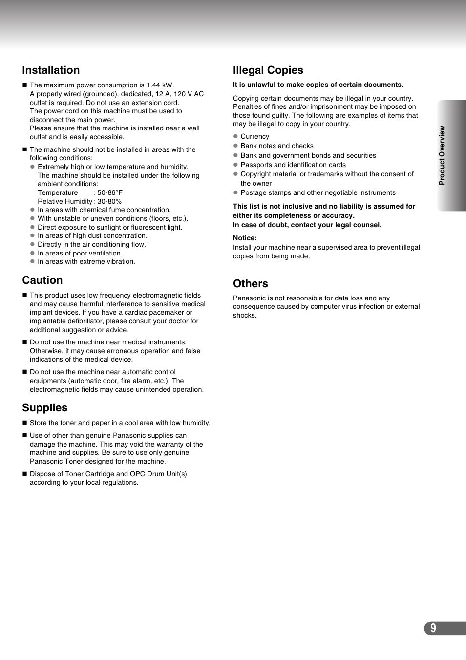 Installation, Caution, Supplies | Illegal copies, Others | Panasonic DP-C266 User Manual | Page 9 / 40