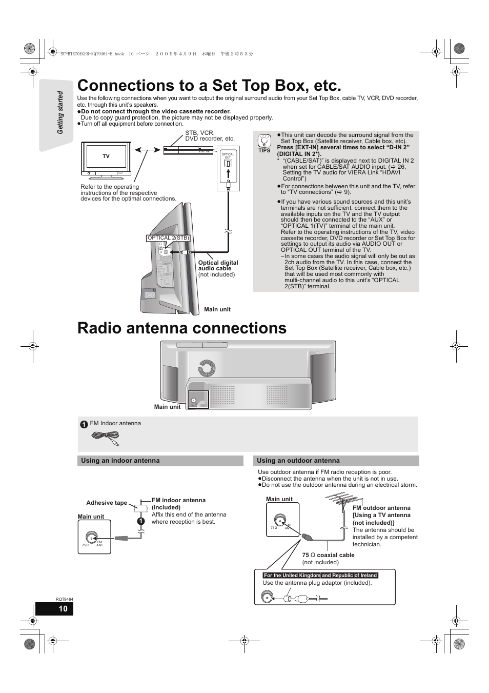 Connections to a set top box, etc, Radio antenna connections, Getting s tar te d | Panasonic SC-BTX70  EN User Manual | Page 10 / 56