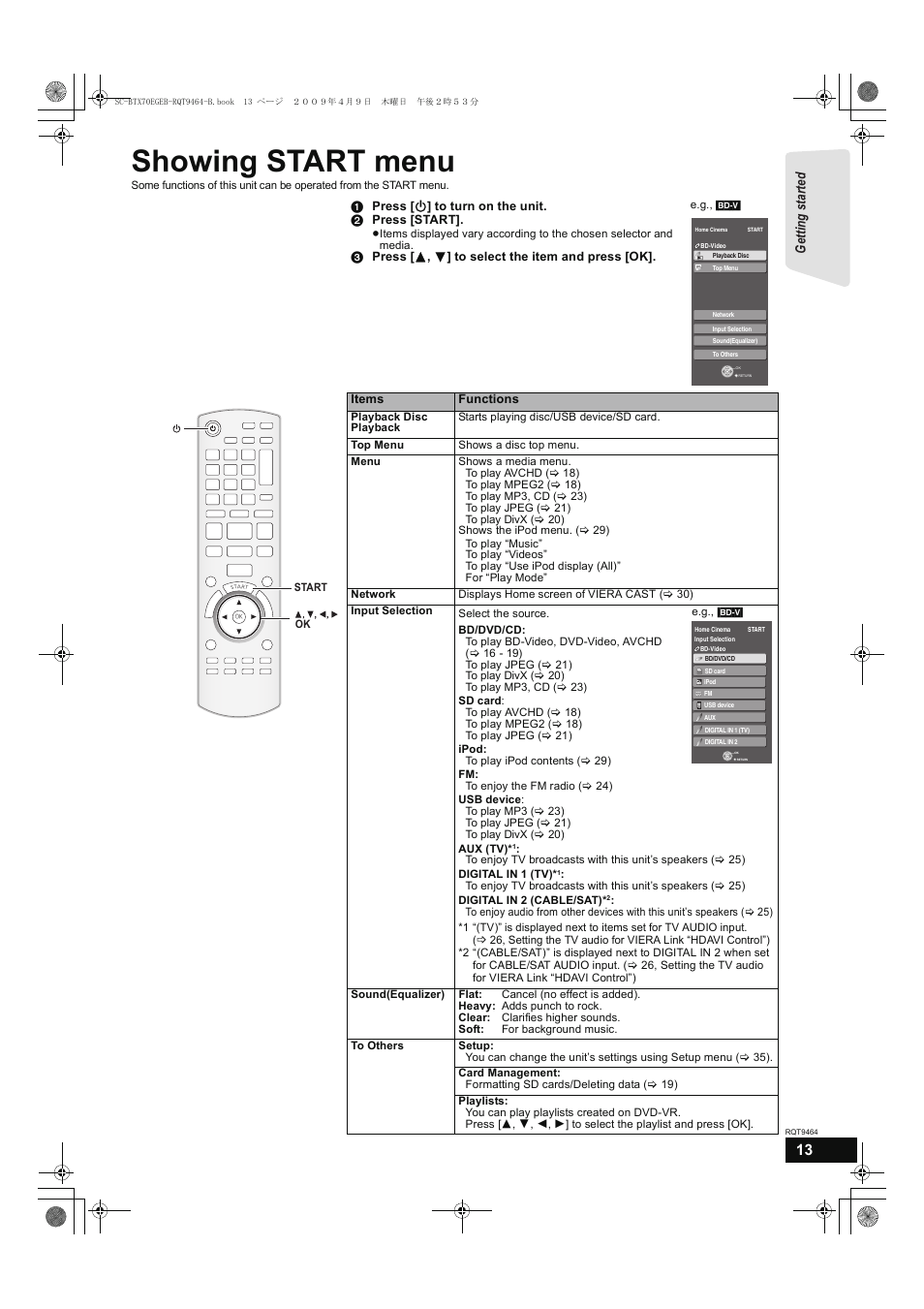 Showing start menu, Getting s tar te d | Panasonic SC-BTX70  EN User Manual | Page 13 / 56