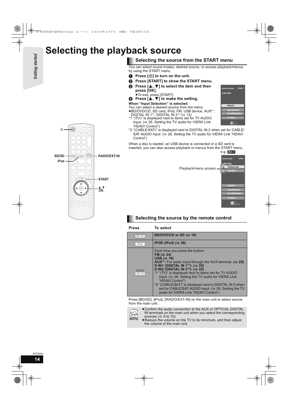 Selecting the playback source, Selecting the source from the start menu, Selecting the source by the remote control | Getting s tar te d | Panasonic SC-BTX70  EN User Manual | Page 14 / 56