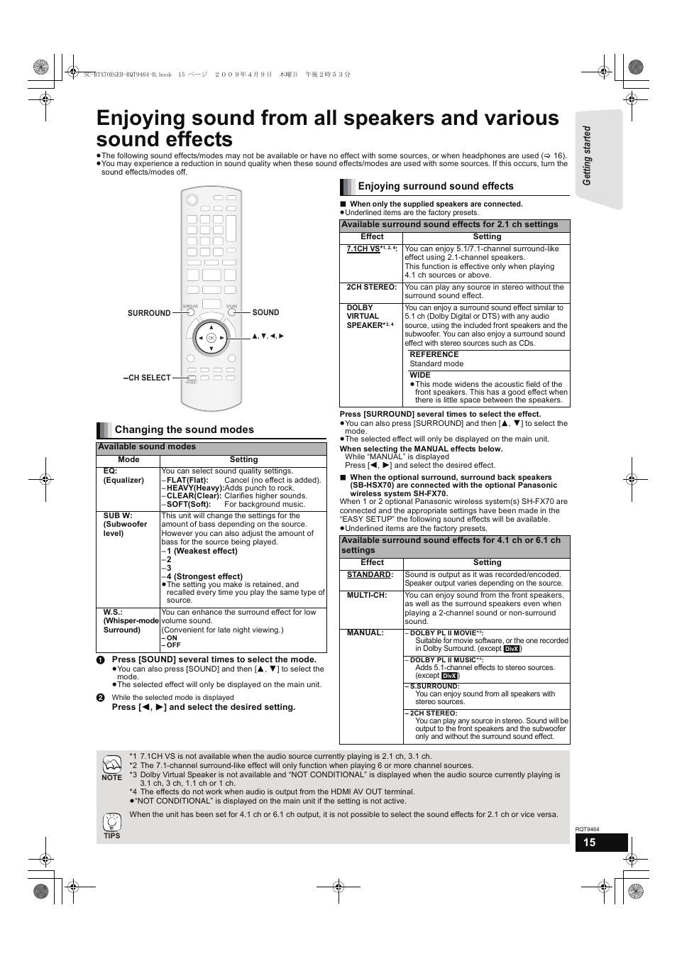 Changing the sound modes, Enjoying surround sound effects, Getting s tar te d | Panasonic SC-BTX70  EN User Manual | Page 15 / 56