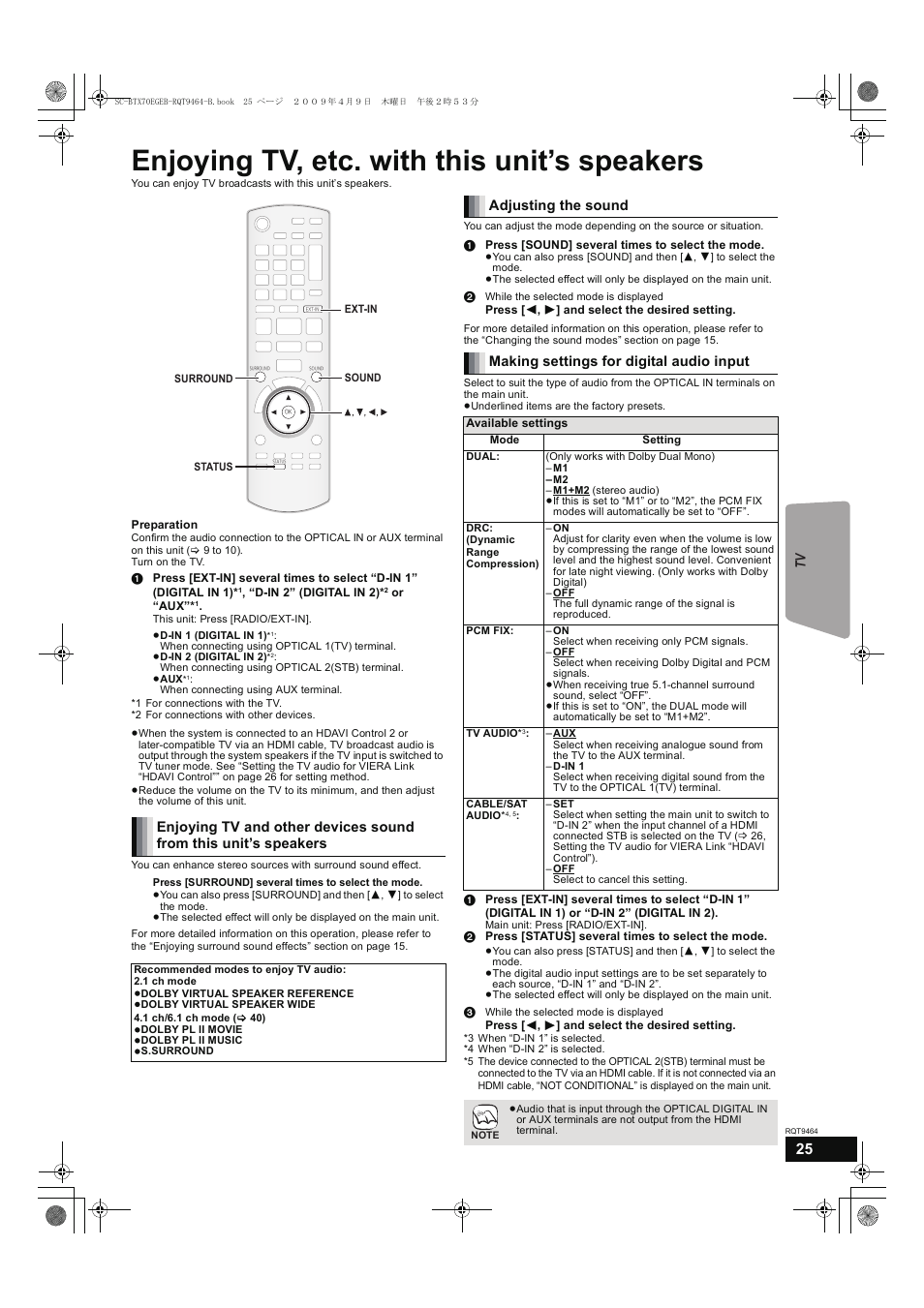 Enjoying tv, etc. with this unit’s speakers | Panasonic SC-BTX70  EN User Manual | Page 25 / 56