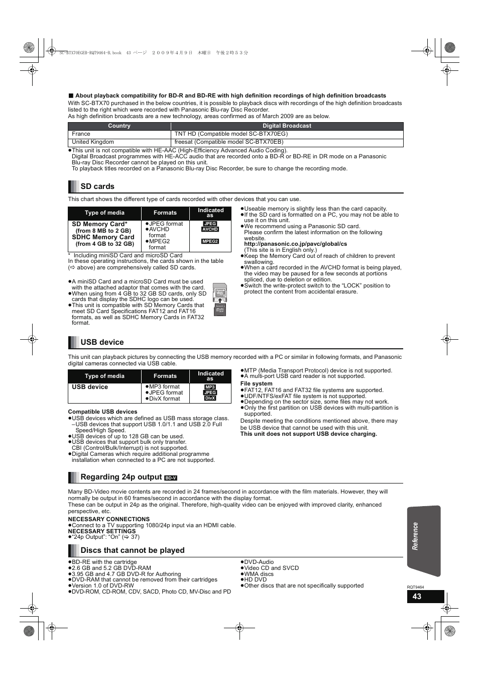Sd cards, Usb device, Regarding 24p output | Discs that cannot be played | Panasonic SC-BTX70  EN User Manual | Page 43 / 56
