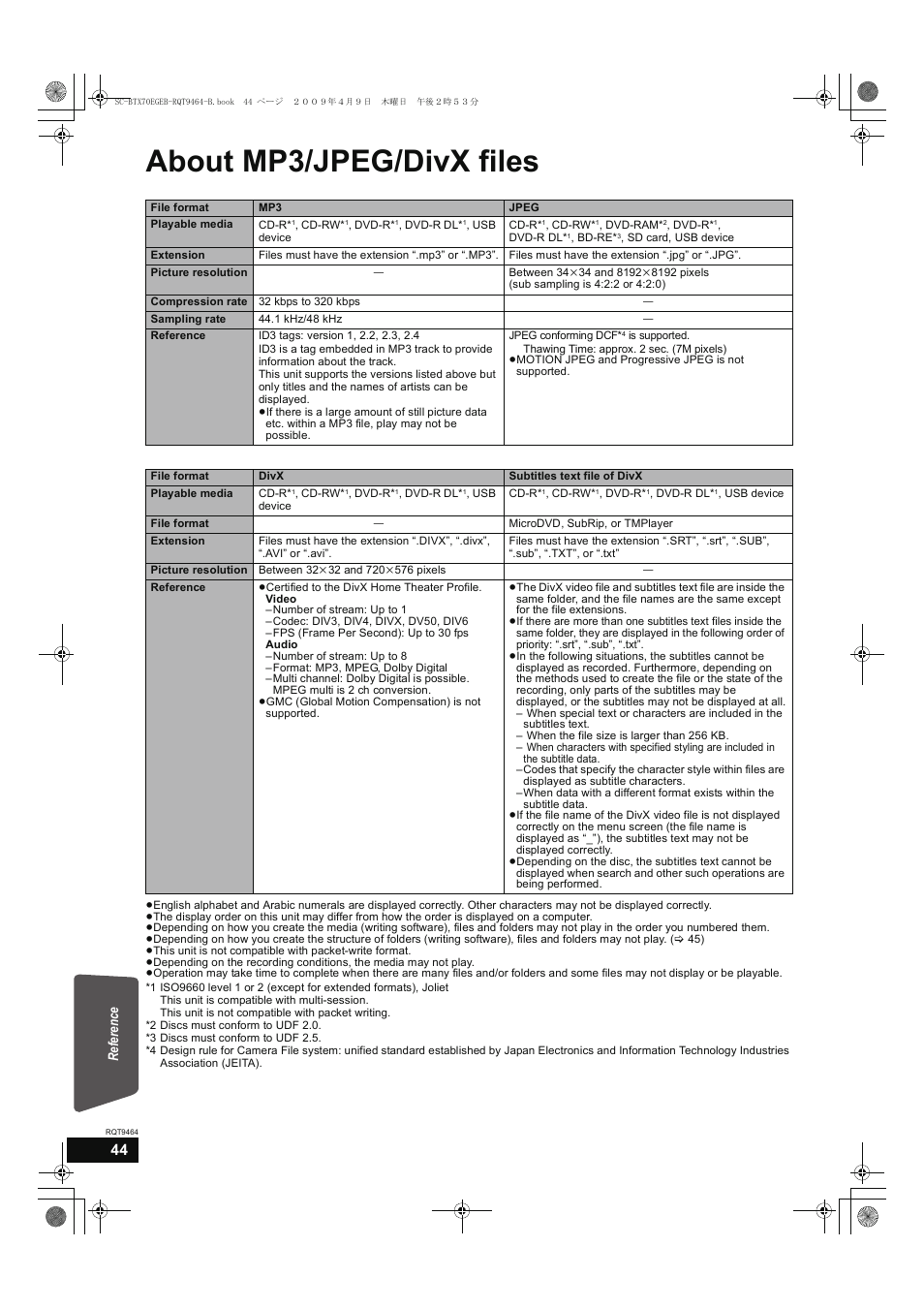 About mp3/jpeg/divx files, Reference | Panasonic SC-BTX70  EN User Manual | Page 44 / 56