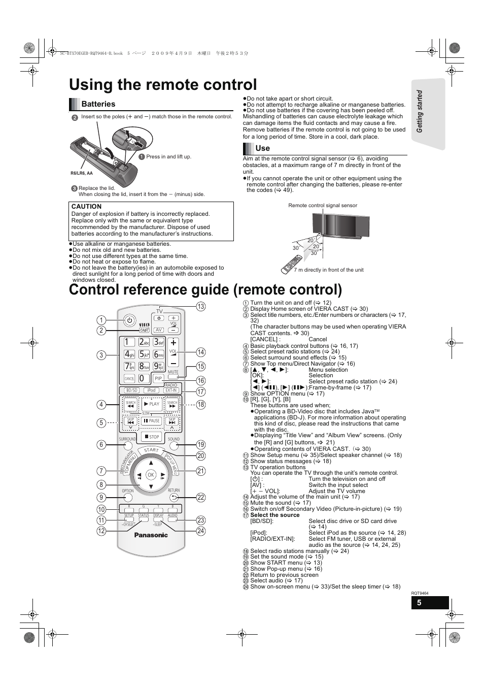 Using the remote control, Control reference guide (remote control), Batteries | Getting s tar te d | Panasonic SC-BTX70  EN User Manual | Page 5 / 56