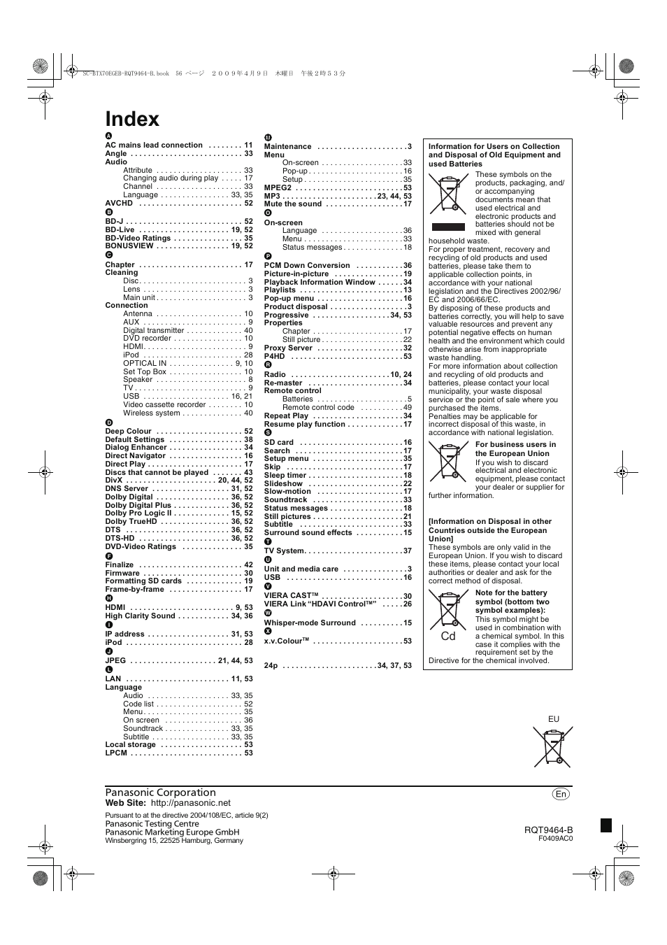 Index | Panasonic SC-BTX70  EN User Manual | Page 56 / 56