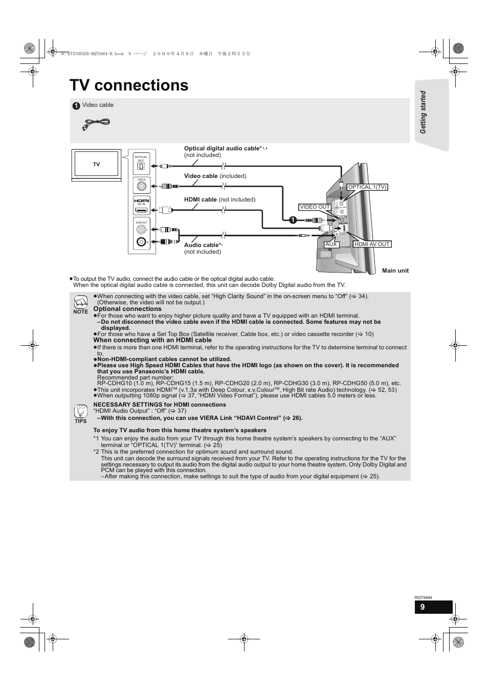 Tv connections, Getting s tar te d | Panasonic SC-BTX70  EN User Manual | Page 9 / 56