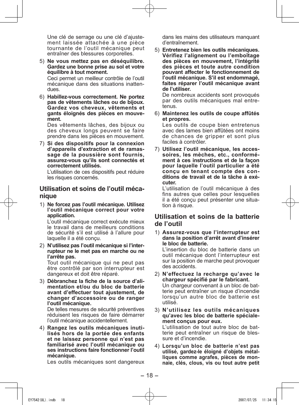 Utilisation et soins de l’outil méca- nique, Utilisation et soins de la batterie de l’outil | Panasonic EY7542 User Manual | Page 18 / 48