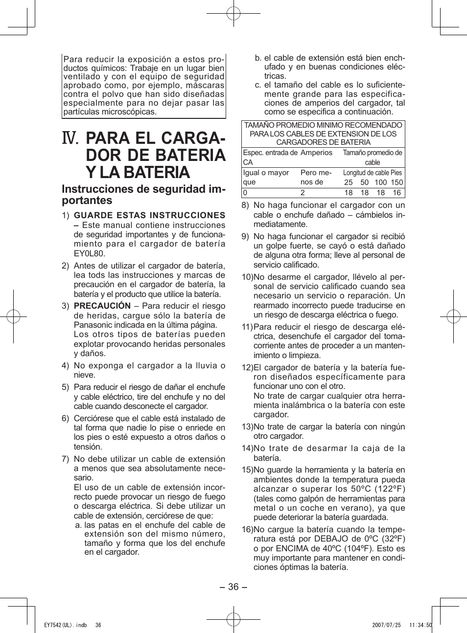 Para el carga- dor de bateria y la bateria, Instrucciones de seguridad im- portantes | Panasonic EY7542 User Manual | Page 36 / 48