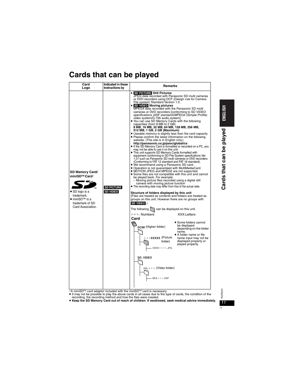 Cards that can be played, Car ds t hat can be pla y e d | Panasonic DVD-LX110 User Manual | Page 11 / 41