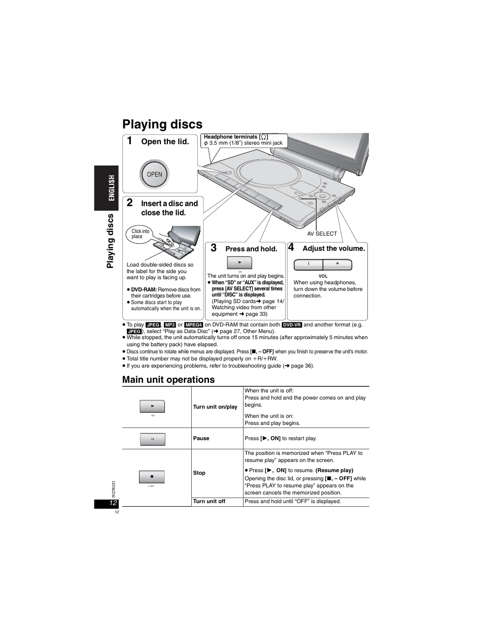 Playing discs, Main unit operations, Pla yi ng di scs | Open the lid, Insert a disc and close the lid | Panasonic DVD-LX110 User Manual | Page 12 / 41