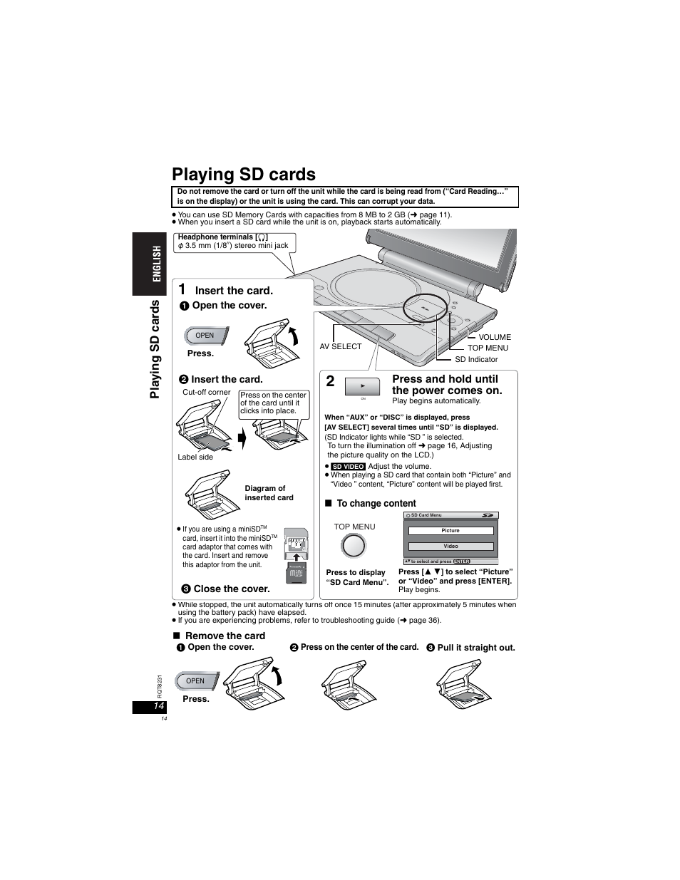 Playing sd cards, Pla yi ng sd car ds, Insert the card | Press and hold until the power comes on | Panasonic DVD-LX110 User Manual | Page 14 / 41