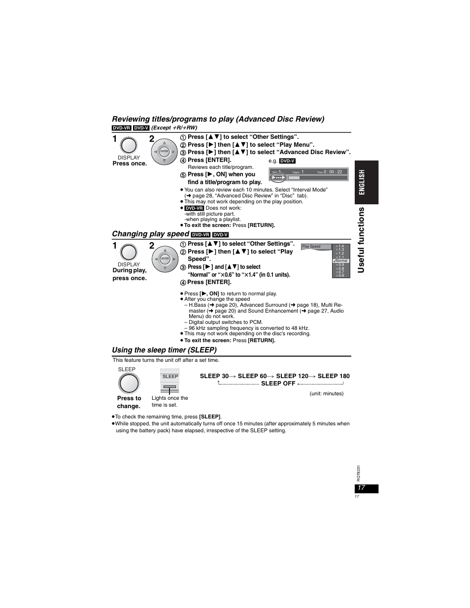 Changing play speed, Using the sleep timer (sleep), Us eful f unct ions | Panasonic DVD-LX110 User Manual | Page 17 / 41