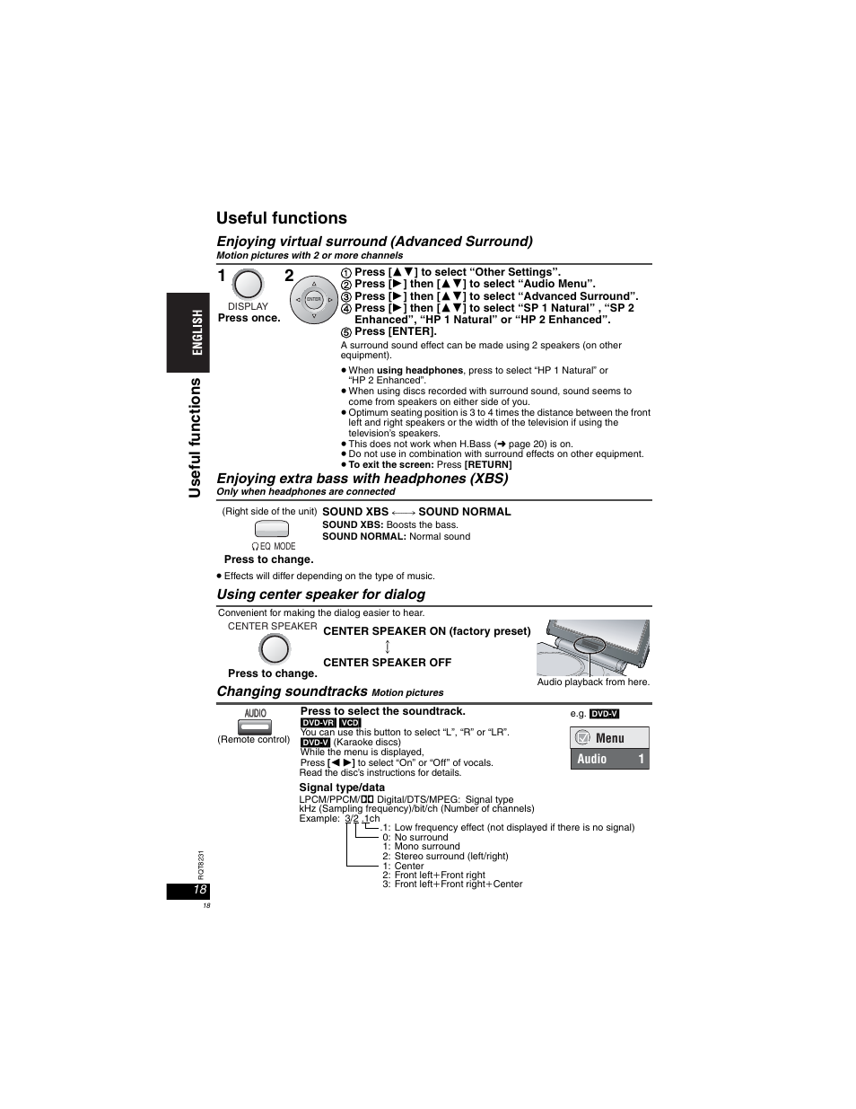 Enjoying virtual surround (advanced surround), Enjoying extra bass with headphones (xbs), Using center speaker for dialog | Changing soundtracks, Useful functions, Us eful f unct ions | Panasonic DVD-LX110 User Manual | Page 18 / 41