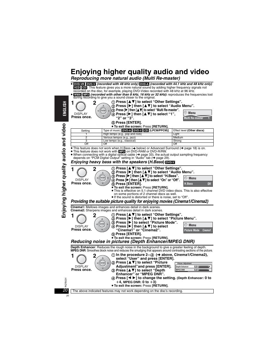 Enjoying higher quality auido and video, Reproducing more natural audio (multi re-master), Enjoying heavy bass with the speakers (h.bass) | Enjoying higher quality audio and video, Enj o ying hi gher qual it y aud io and v ideo | Panasonic DVD-LX110 User Manual | Page 20 / 41