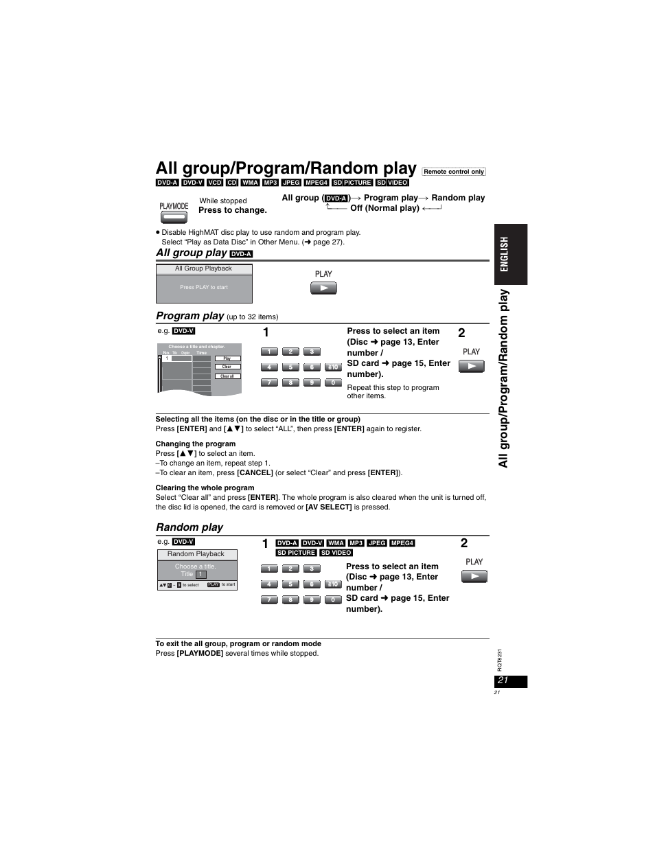 All group/program/random play, All gr oup/pr ogram/random pla y, All group play | Program play, Random play | Panasonic DVD-LX110 User Manual | Page 21 / 41