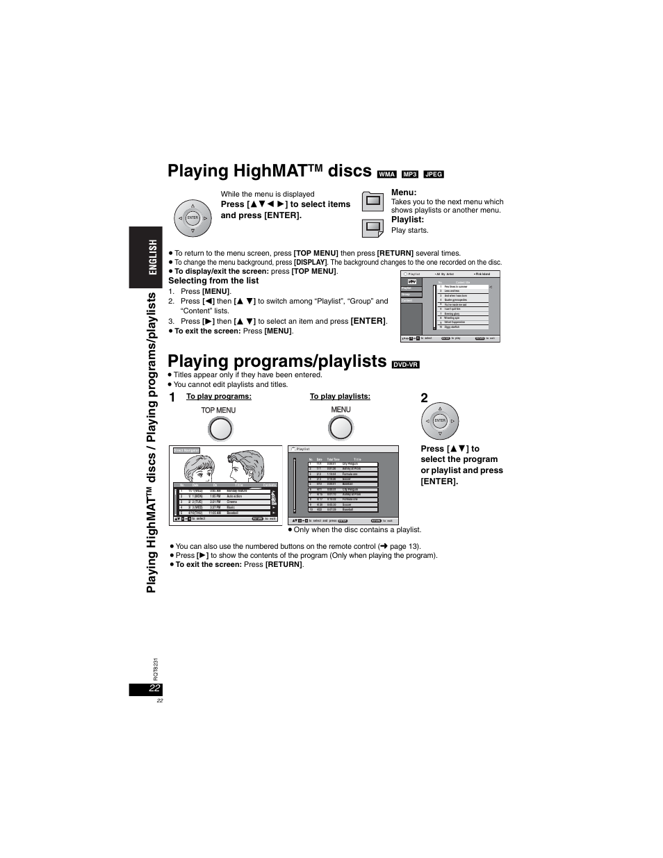 Playing highmat tm discs, Playing programs/playlists, Playing highmat | Discs, Pl a y ing highma t, Discs / pla y ing pr ogr am s/ pla yl is ts, Playlist, Selecting from the list, Enter | Panasonic DVD-LX110 User Manual | Page 22 / 41