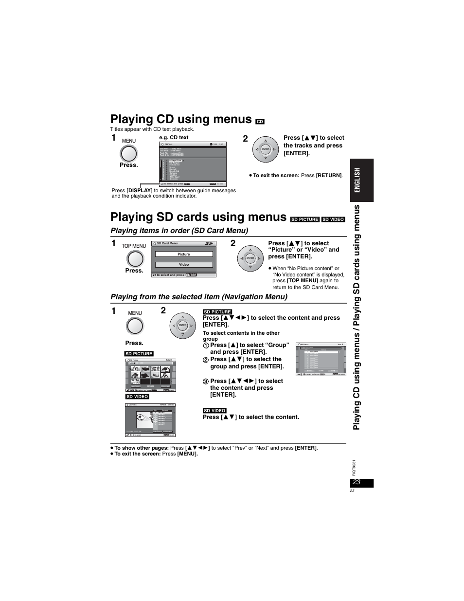 Playing cd using menus, Playing sd cards using menus, Playing items in order (sd card menu) | Paying from the selected item (navigation menu), Press [  ] to select the tracks and press [enter, Press, Press [  ] to select the content | Panasonic DVD-LX110 User Manual | Page 23 / 41